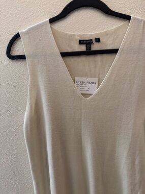 Eileen Fisher Cream ribbed V-Neck Knit Tencel Tank tunic dress top